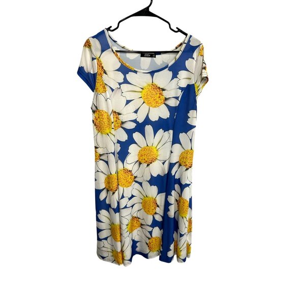 Lily By Firmiana Womens Floral Print Blue and Yellow Daisy Dress SZ Large - Picture 1 of 10
